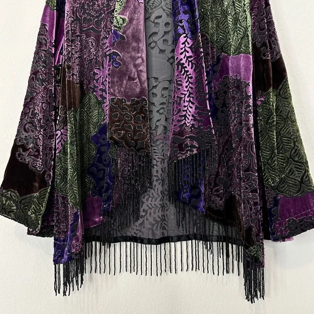 Vtg Y2K Picadilly Burnout Velvet Kimono Fringe Boho Goth 12 Whimsigoth Festival